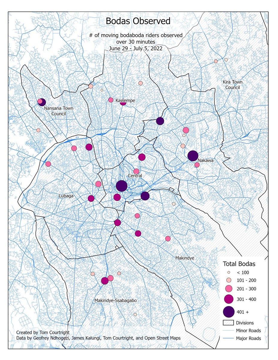 Tom_Courtright's tweet image. First map from @Lubyanza's first quarterly Kampala boda report 🏍🥳

Data collected by boda boda experts and riders @ndhogezi and James Kalungi, who observed over 8,500 bodas across Kampala &amp;amp; suburbs

We'll post the full results &amp;amp; analysis soon 🤓