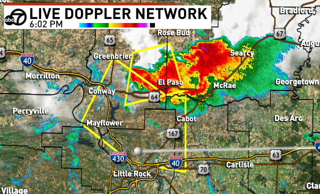 KATVBarry's tweet photo. A new Severe T'storm Warning in effect until 6:30pm for S Faulkner, N Pulaski and a small part of NW Lonoke Co #arwx https://t.co/UOf9FhrrRW