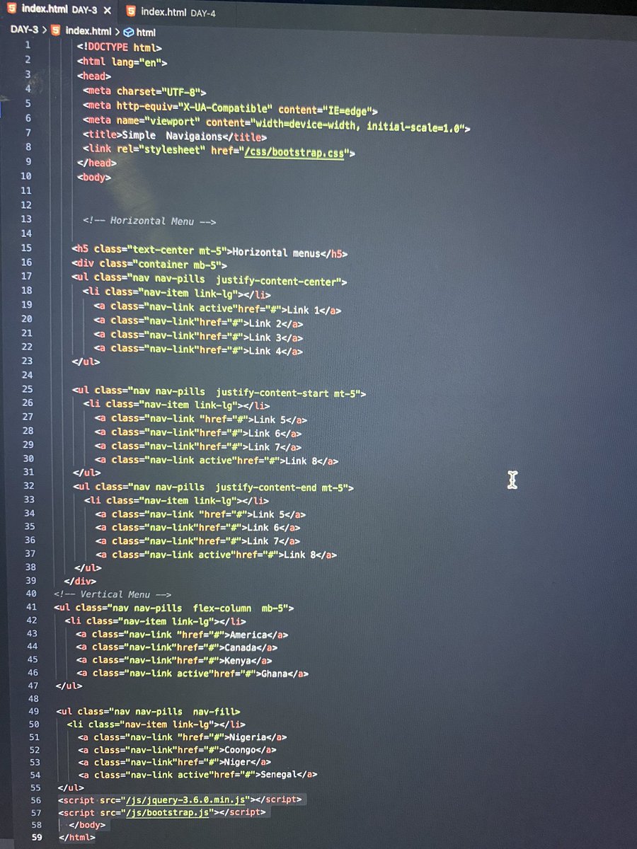 CBA_Techgh's tweet image. Day 05: Learnt  some bootstrap nav classes (Justify-content-center, justify-content-end , justify-content-start, nav-fill ,nav-pill and flex-column) #codetrain #codetrainchallenge