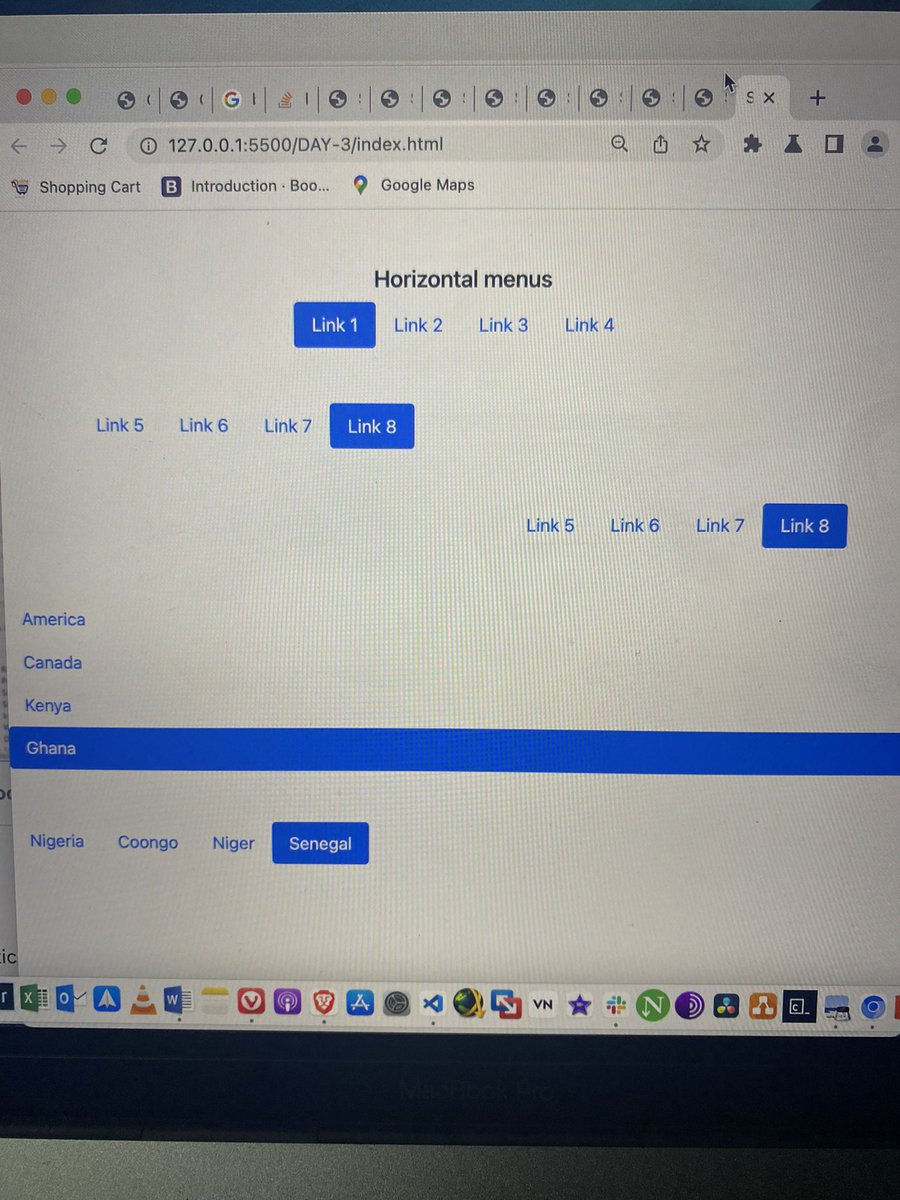 CBA_Techgh's tweet image. Day 05: Learnt  some bootstrap nav classes (Justify-content-center, justify-content-end , justify-content-start, nav-fill ,nav-pill and flex-column) #codetrain #codetrainchallenge