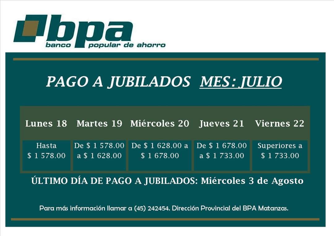 bpa_rio's tweet photo. 📢 Atención a todos los jubilados y pensionados que cobran en  #BPA. Ya con las fechas establecidas para este mes de Julio. 
#SomosLaBancaHacemosNación https://t.co/D1X97av59r