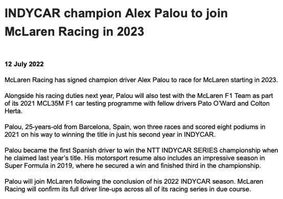 A_S12's tweet photo. McLaren says Alex Palou is joining its team in 2023. https://t.co/QRqavu9lKC