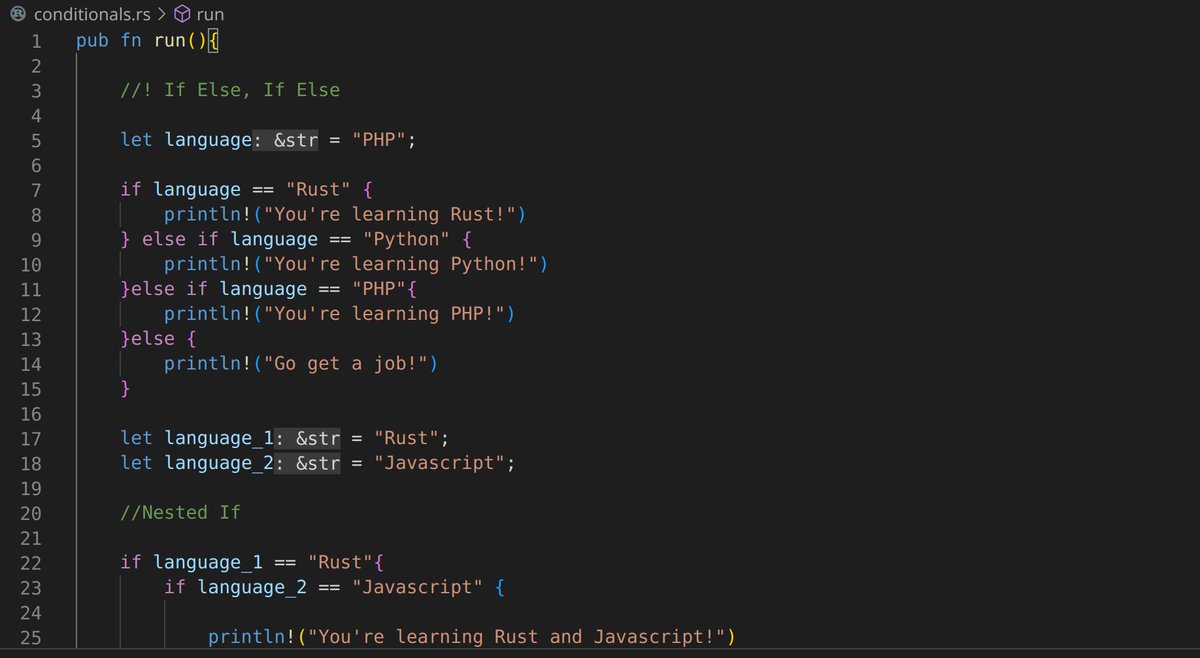 mychcoder's tweet image. Day 15 of #100DaysofCode 

Started learning about Conditional Statments in #rustlang 

Learned about 

 ⭐If,
 ⭐If else,
 ⭐If, else, If 
 ⭐Nested If
 ⭐Shorthand If

Will spend a little time reviewing this next time, before moving to If Let expressions.