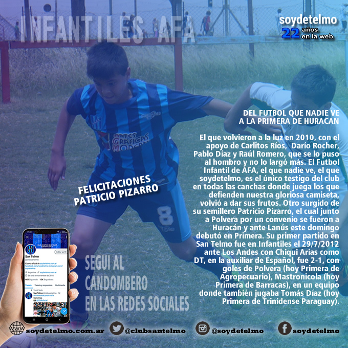 clubsantelmo's tweet photo. 👉 De las Infantiles de #SanTelmo
👉 a la Primera de @CAHuracan 

👏 El @clubsantelmo felicita a Patricio Pizarro, jugador surgido del nuestro semillero por su debut en la Primera de Huracán este domingo ante Lanús https://t.co/SLB4GKtNu3