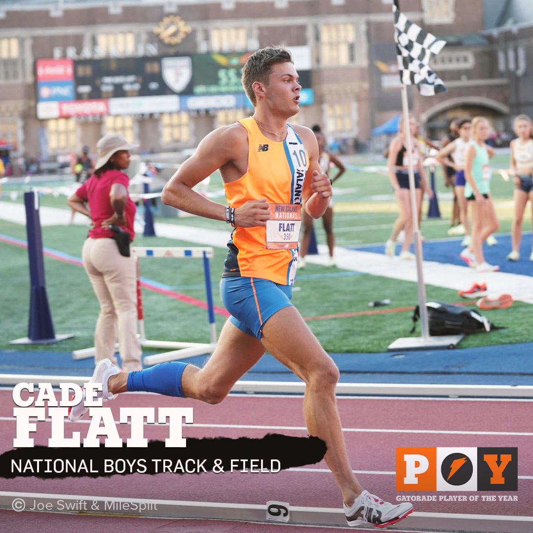 Gatorade's tweet photo. Don’t Blink. Before you know it @FlattCade is already crossing the finish line🏁 Cade is your 2021-2022 Gatorade National Boys Track &amp; Field Player of the Year 🏆 https://t.co/rdDg69yvYs