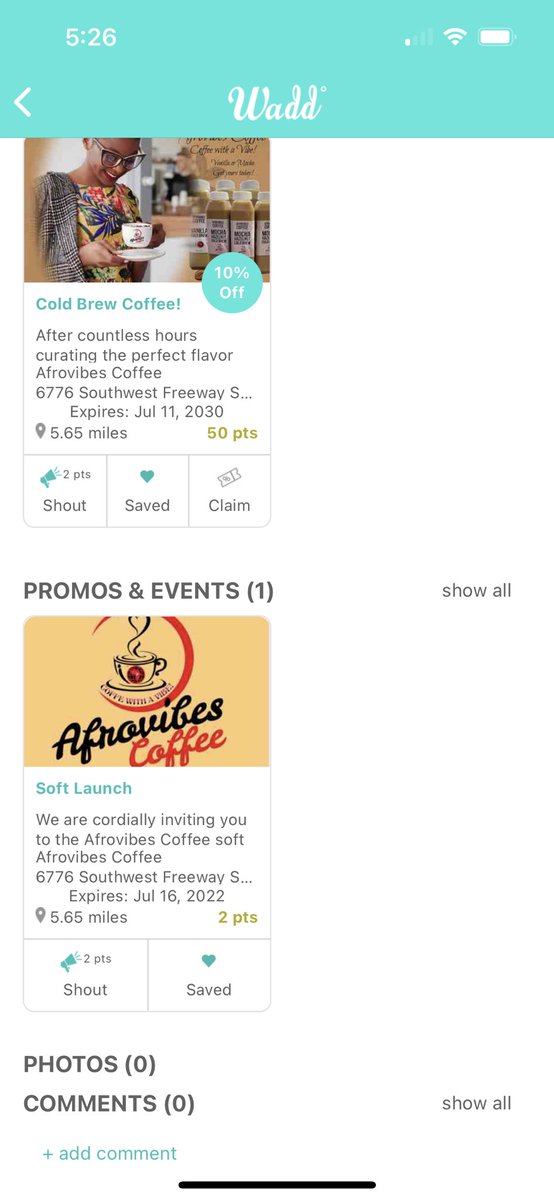 mywadd's tweet photo. @AfrovibesCoffee soft launch is this Saturday, July 16. Download the Wadd app. Shout the event to get Wadd Points. Claim their 10% deal at the event to get more Wadd Points. Rack up Wadd Points and cash them in for gift cards and goodies in the Wadd app. https://t.co/aHLt2GG12k