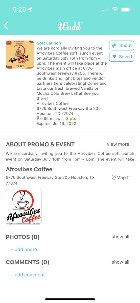 mywadd's tweet photo. @AfrovibesCoffee soft launch is this Saturday, July 16. Download the Wadd app. Shout the event to get Wadd Points. Claim their 10% deal at the event to get more Wadd Points. Rack up Wadd Points and cash them in for gift cards and goodies in the Wadd app. https://t.co/aHLt2GG12k