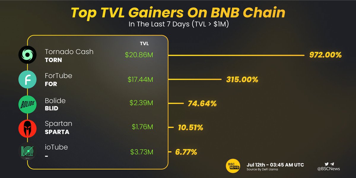 These #BNBChain projects continue to accumulate a ton of new capital 💹 Let's celebrate the Top TVL Gainers on the @BNBCHAIN in the last 24 hours 📊 @TornadoCash @ForTubeFi @Bolide_fi @SpartanProtocol @iotube_org #BSCNews #DeFi #DEX