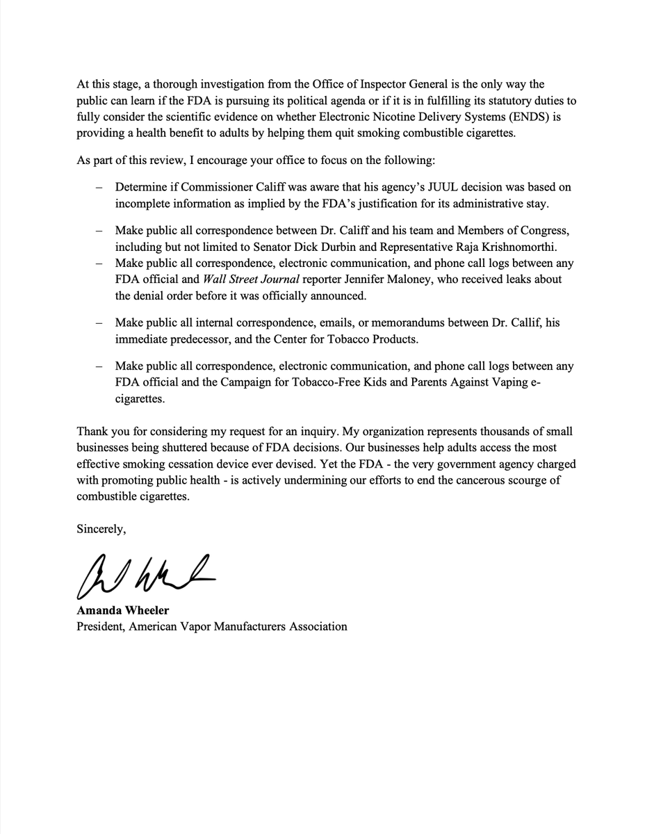 VaporAmerican's tweet photo. 🚨🔎
BREAKING: We have formally asked the Inspector General of HHS @OIGatHHS to investigate unethical political interference between Congress and FDA. Here’s our letter. https://t.co/z2Ztu0j4YX