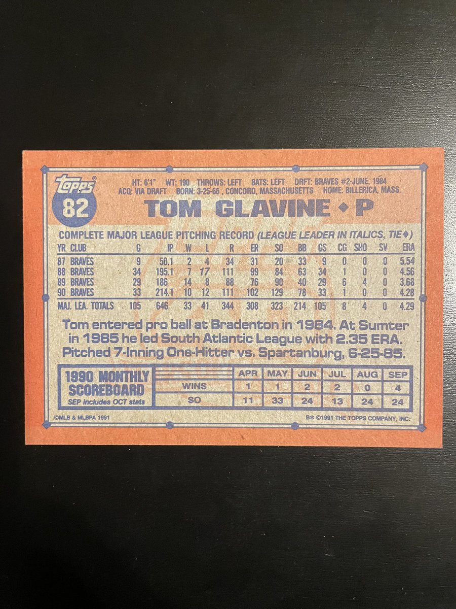 Tom Glavine in 1991, Tom won the Cy Young Award this year 💪 <a href="/Braves/">Atlanta Braves</a> #baseballcards