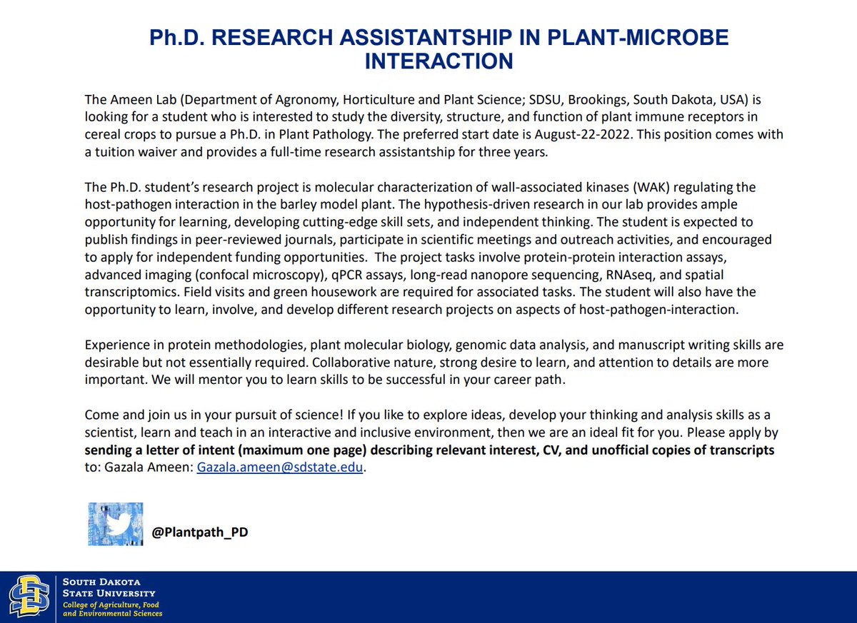 Gazala Ameen👩🏻🔬👉🏽🦸🏻♀️ (@plantpath_pd) on Twitter photo Come and join us in your pursuit of science! If you like to explore ideas, learn and teach in an interactive and inclusive environment, then we are an ideal fit for you.
Please RT!! @sdstate <a href="/MPMIjournal/">MPMI Journal</a> <a href="/plantpathgrads/">APS Graduate Student Committee</a> <a href="/ISMPMI/">IS-MPMI</a> <a href="/ismpmiconnect/">IS-MPMIConnect</a> Come and join us in your pursuit of science! If you like to explore ideas, learn and teach in an interactive and inclusive environment, then we are an ideal fit for you.
Please RT!! @sdstate <a href="/MPMIjournal/">MPMI Journal</a> <a href="/plantpathgrads/">APS Graduate Student Committee</a> <a href="/ISMPMI/">IS-MPMI</a> <a href="/ismpmiconnect/">IS-MPMIConnect</a>