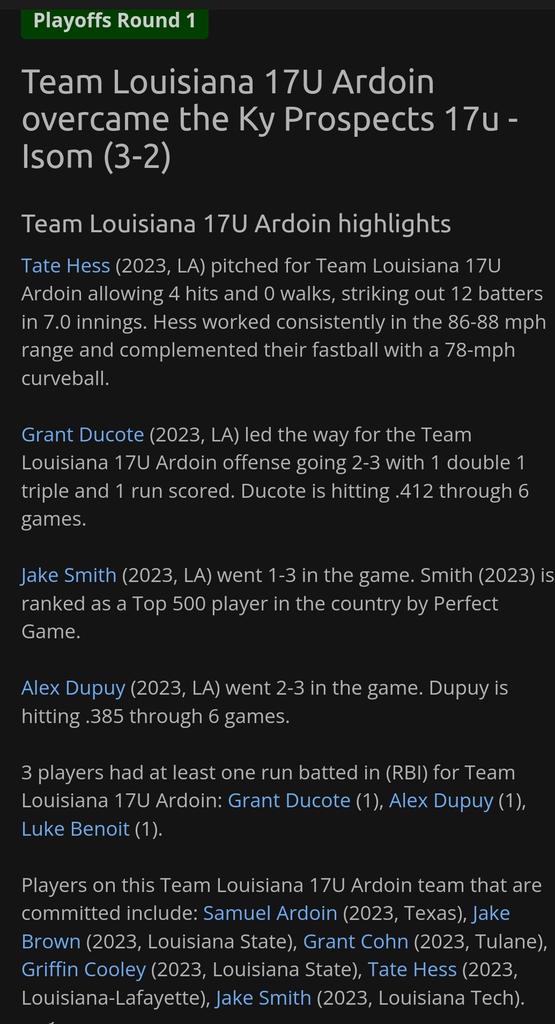 Good opening round bracket win for Team Louisiana Ardoin <a href="/RaginCajunsBSB/">Louisiana Ragin’ Cajuns® Baseball</a> commit <a href="/tatehess2/">Tate Hess</a> was once again outstanding on the mound! The good guys were led at the plate by <a href="/DucoteGrant/">Grant Ducote</a> of Rosepine and <a href="/AlexDupuy11/">Alex Dupuy</a> of Natchitoches Central. Another great team win! #FAMILY #WUPKAR