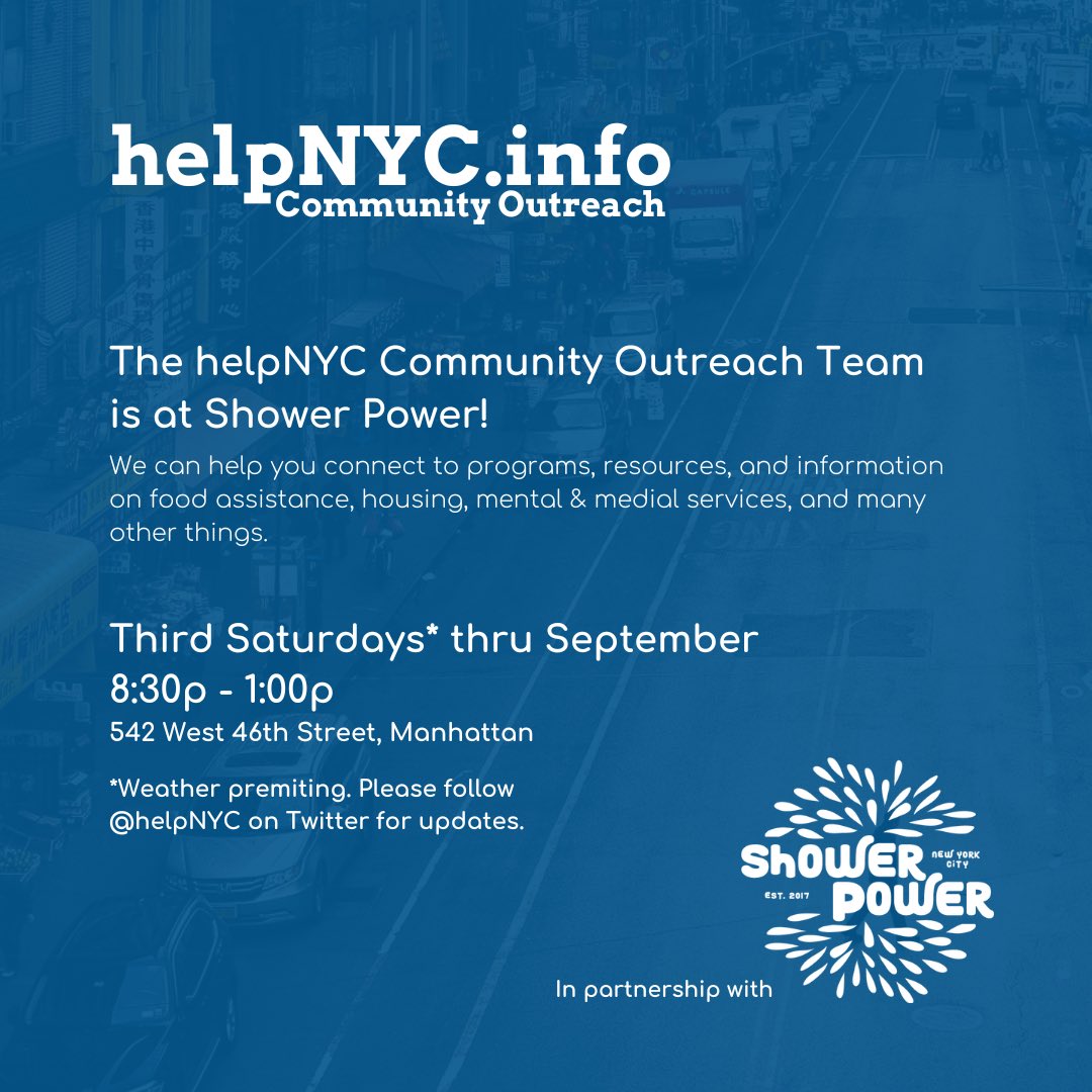 helpNYC's tweet photo. We are coming to #HellsKitchen starting 7/16!

We will be doing community outreach at @ShowerPowerNYC on the 3rd Sat/Month.

#nyc #helpnyc #community #nycfood #nychousing #hellskitchen  #midtown #newyorkcity #newyork #manhattan #outreach #foodinsecurity #homeless #personalhygine https://t.co/7KWP6zm2eN