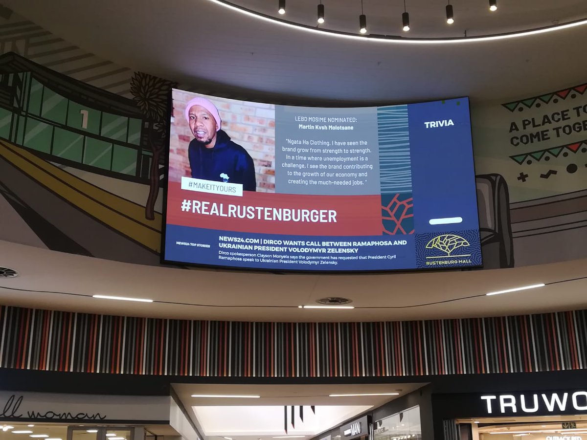 Kvsh_Molton's tweet photo. Ngata Ha Clothing made it to the screen at #RustenburgMall
#RealRustenburger
Certified Phandapreneur
#ngatahaseason
Small Wins build momentum https://t.co/BcpajbNS4f