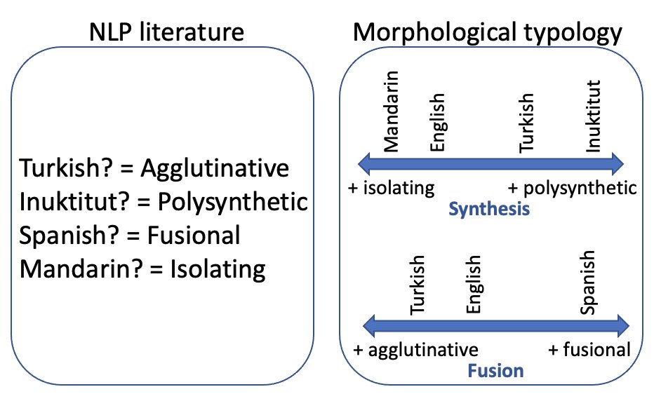 In #NLProc literature, it is common to tag a language with a discrete morphological type (e.g. agglutinative), but that is not the case with linguistic typology's indexes (e.g. synthesis, fusion).
In our #NAACL2022 paper, we first ask: how can we (automatically) compute them?
1/4