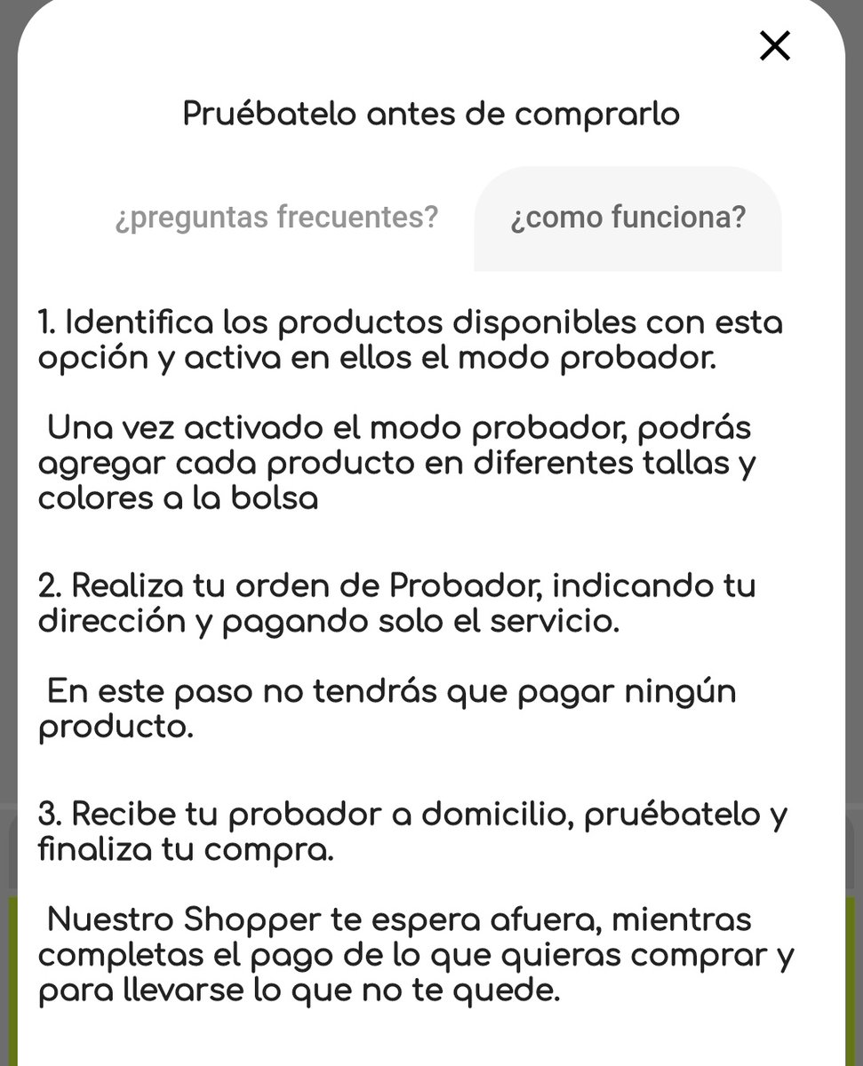 Con solo activar el Modo Probador, puedes pedir hasta 6 artículos de una tienda, combinando colores, tallas, modelos.

<a href="/traetelo/">Traetelo.com</a> enviará tu pedido a domicilio para que te pruebes lo que pediste, te quedes con lo que te gusta y devuelvas el resto, !como en una tienda física! 😍