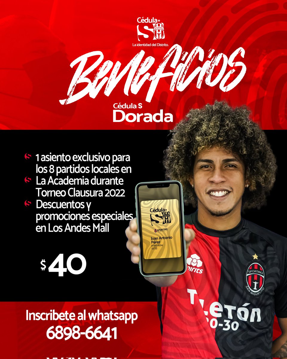 sportingsmfc's tweet photo. Adquiere tu cédula "S" dorada y asegura tu asiento para los 8 partidos como locales en #LaAcademia para el Torneo Clausura 2022 🔴⚫
Inscríbete en WhatsApp 📲 6898-6641
¡No te quedes sin la tuya! 🪪
#LaIdentidadDelDistrito https://t.co/zFHdx9lzDU