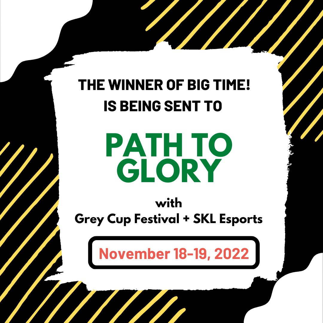 We are excited to announce our affiliation with <a href="/SKL_Esports/">SKL Esports</a> <a href="/GreyCupFestival/">The Grey Cup Festival</a> for the Path to Glory. The winner of BIG TIME! will receive FLIGHT AND ENTRANCE to the Path of Glory Super Smash Bros Tournament! Get your tickets now at the link in bio for your chance to go!