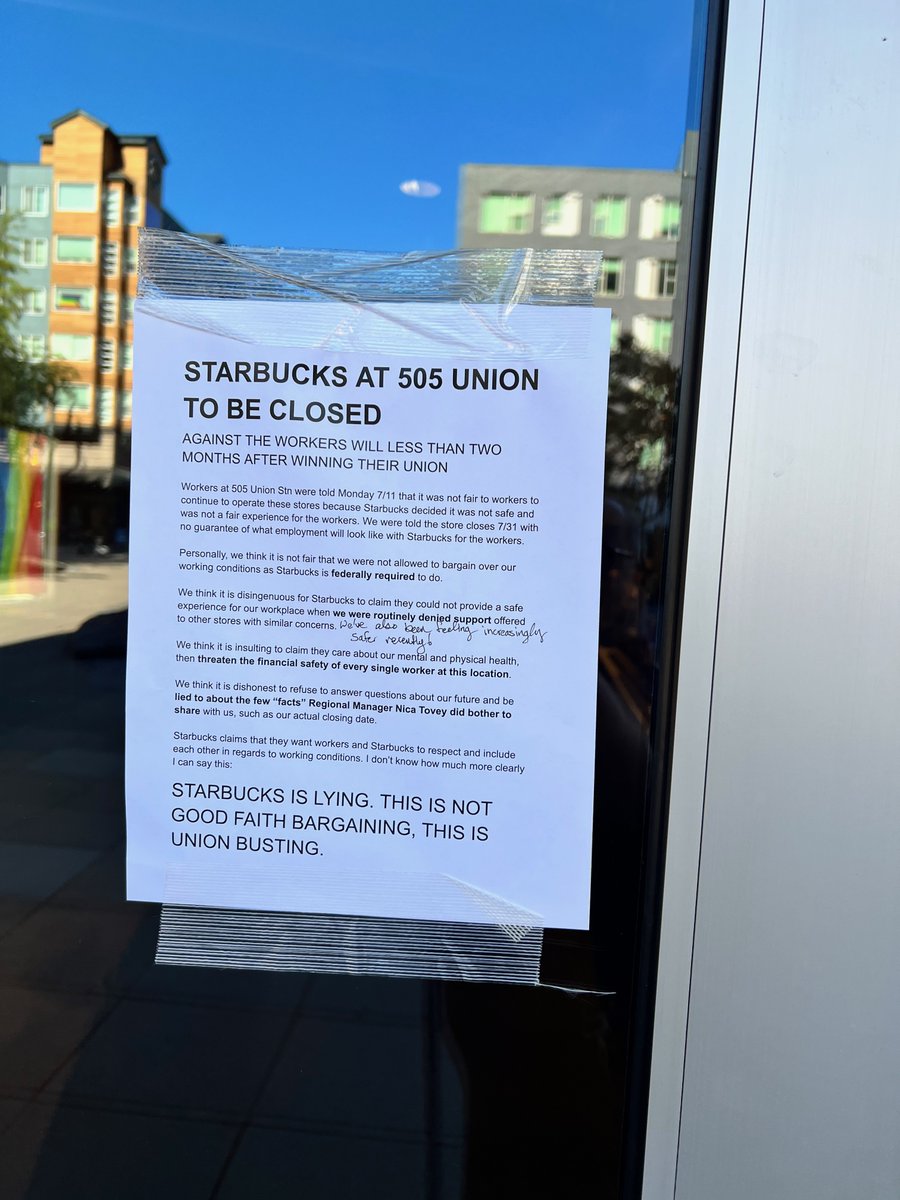 In case you were wondering what Starbucks employees at 505 Union Station think of the safety concerns from their (possibly ex-)employer.