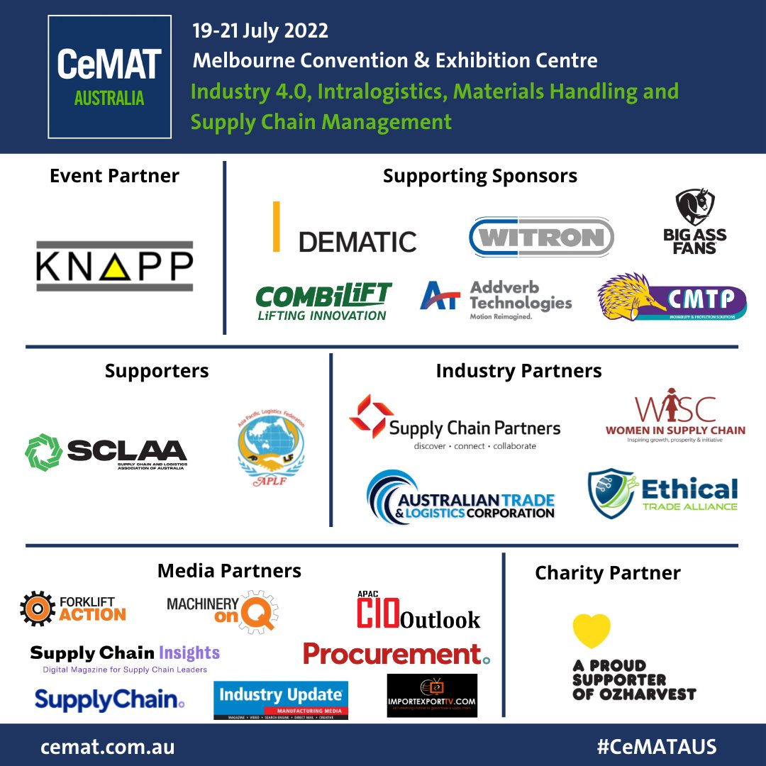 A big thanks to our sponsors and partners for their support! We cannot wait to welcome you on site.

Join us at CeMAT Australia 2022 by registering for FREE at  bit.ly/3xW4Pk3

#cemataus #supplychain #warehousing #materialshandling #logistics