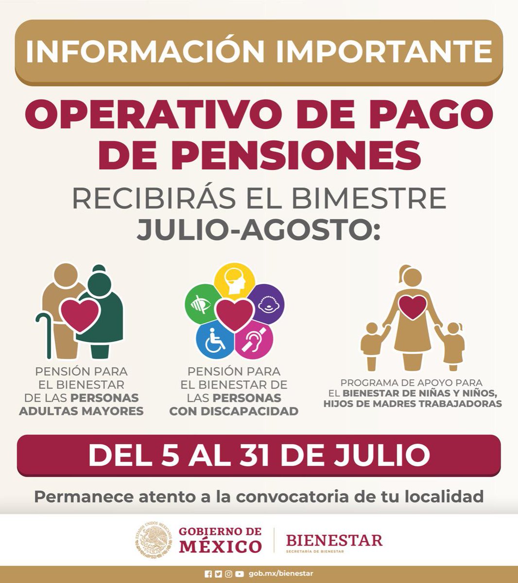 bienestarmx's tweet photo. #Miércoles 
No olvides estar pendiente de las convocatorias en tu localidad si eres derechohabiente de alguna de las #PensionesBienestar o del programa de Niñas y Niños, Hijos de #MadresTrabajadoras y recibes tu apoyo en #OperativoDePago. 👇🏾 https://t.co/HQJbrxRODR