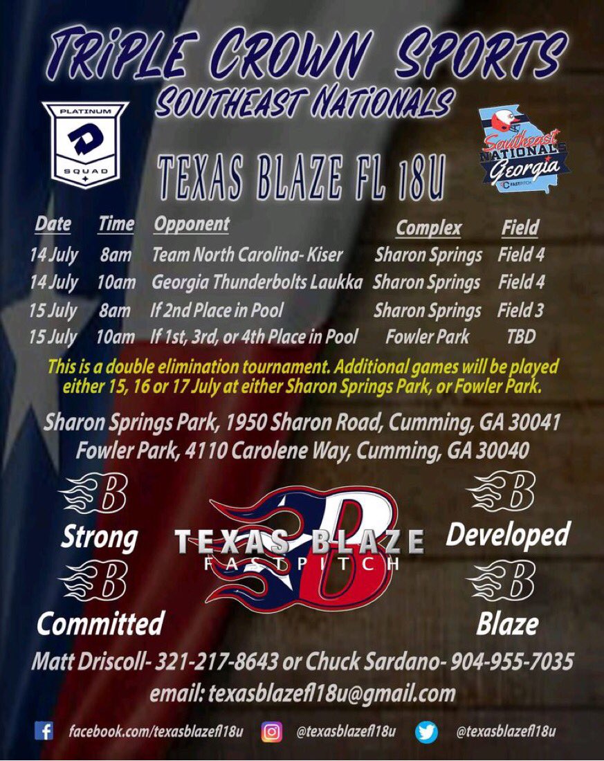 Heading up to Alpharetta, GA for the Triple Crown Nationals! We’d love if you’d come check us out! @texasblazefl18u <a href="/GoCamelsSB/">Campbell Softball</a> <a href="/CatamountSB/">Western Carolina Softball</a> <a href="/Mads_Arm2Strong/">Maddie Armstrong</a> <a href="/FurmanSoftball/">Furman Softball</a> <a href="/Coach_Zig_Zeger/">🥎Coach_Zig_Zeger🥎</a> <a href="/KSUOwlsSB/">Kennesaw State Softball</a> <a href="/AppStateSB/">App State Softball</a> <a href="/FIUSoftball/">FIU Softball</a> <a href="/GCU_Softball/">GCU Softball</a> <a href="/BerrySoftball/">Berry Softball</a>