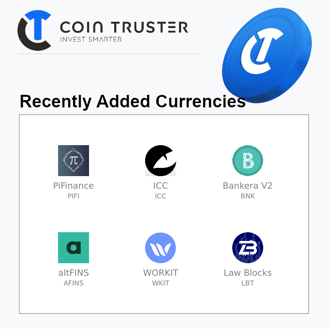 Welcome to the currencies recently added on <a href="/cointruster/">COINTRUSTΞR</a>

PiFinance $PIFI
ICC $ICC
Bankera V2 $BNK
altFINS $AFINS
WORKIT $WKIT
Law Blocks $LBT

More information here: cointruster.com/new