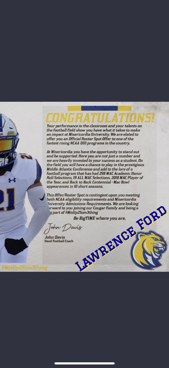 Blessed to receive my first Division 3 offer from <a href="/MUCougarsFB/">Misericordia University Football</a> thank you💯 @MisericordiaHFC <a href="/Coach_Cottle/">Tyler Cottle</a> <a href="/K_Price73/">Kiefer Price</a> <a href="/Coach_McCrann/">Dalton McCrann</a> <a href="/Coach_BWiLL21/">Coach Brandon Williams</a> <a href="/AlWaters15/">Al Waters</a> @jWat3r5