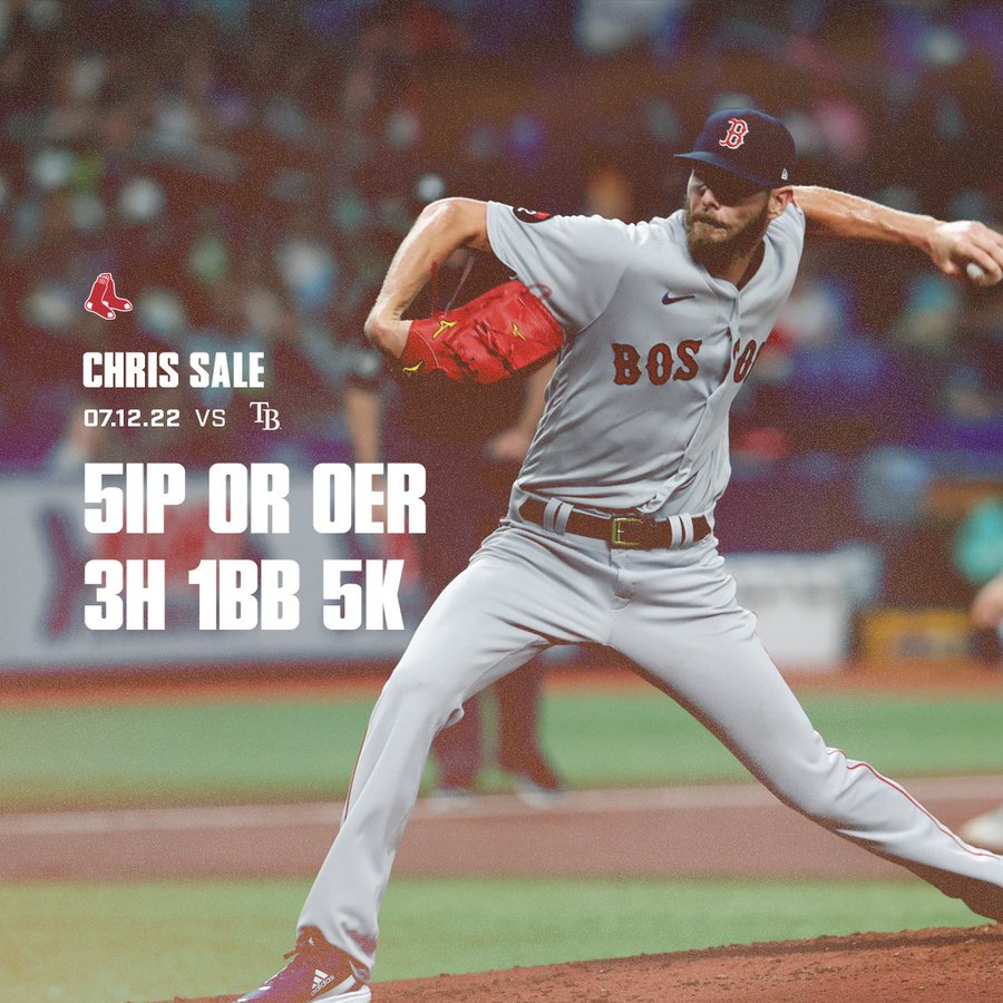 Chris Sale final pitching line (7/12 vs. Tampa Bay): 5 innings, 0 runs, 0 earned runs, 3 hits, 1 walk, 5 strikeouts.