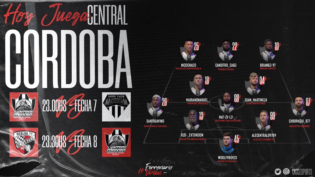 COMIENZO DE SEMANA!!!

Arrancamos la semana con una doble fecha muy dura contra <a href="/BarrioVagon/">Barrio Vagón</a> por la fecha y contra <a href="/RealbaOfficial/">Realba FC 🏆</a> por la fecha 8 de <a href="/IESAFIFAar/">IESA Argentina</a> 

Todos alentar al ferroviario 🚂