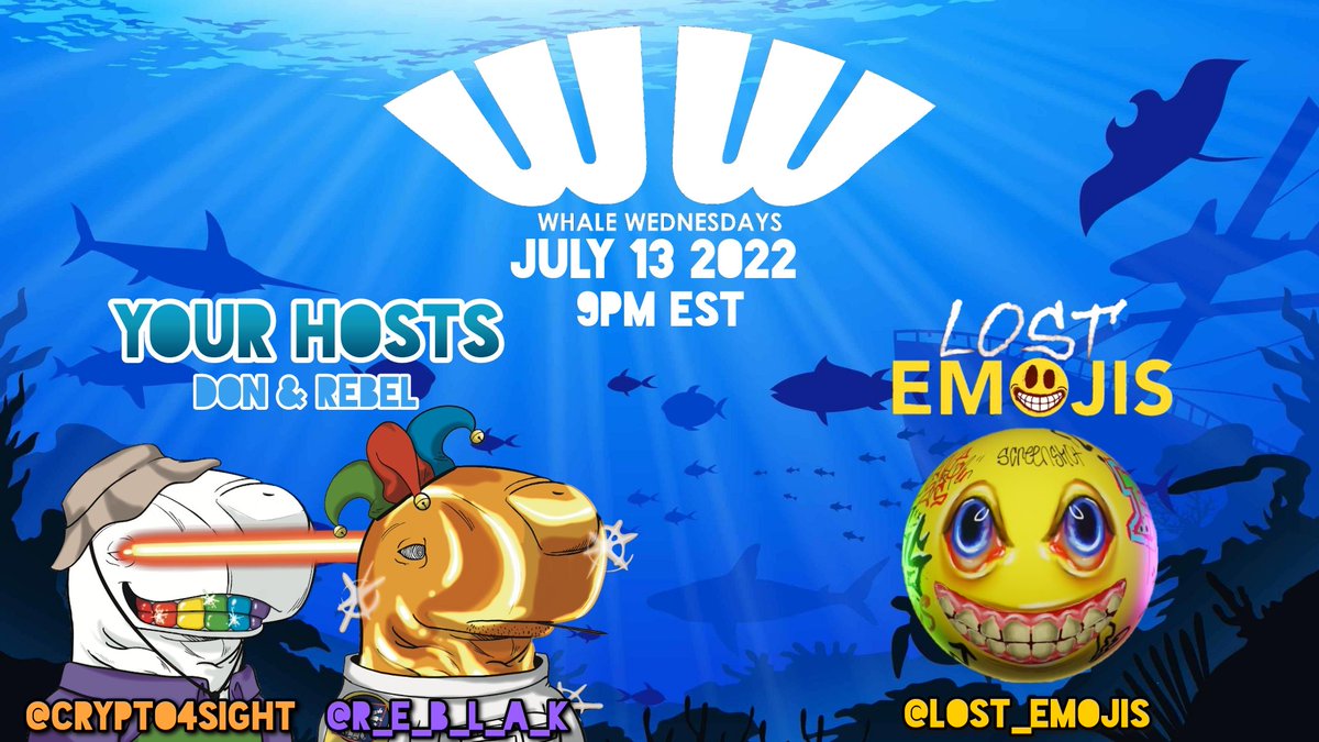 Join #SpacesHost <a href="/crypto4sight/">Don</a>  and @R_E_B_L_A_K on our next #WhaleWednesdays #Spaces this #Wednesday @ 6PM PST.

We will be interviewing <a href="/Jsemp_Art/">Jsemp_Art</a> the founder of the <a href="/Lost_Emojis/">Lost Emojis</a> #NFTproject. We'll also be discussing news, drama and the <a href="/SSofWhales/">Secret Society of Whales 🐋</a>!

🐳

x.com/i/spaces/1mrGm…