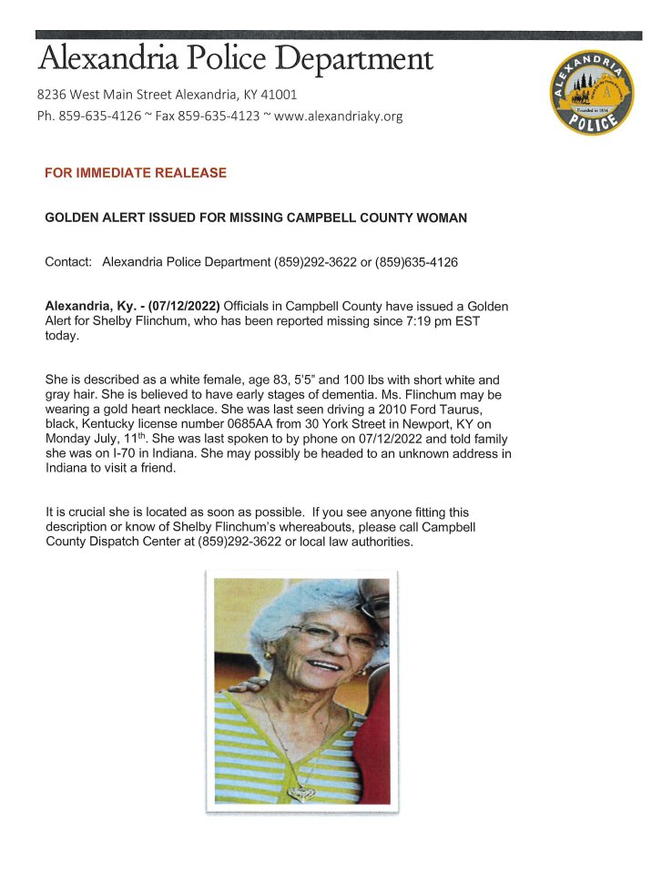AlexandriaKYPD's tweet photo. ***Golden Alert in Alexandria, KY***

Shelby Flinchum, 83, was reported missing today by family members. She was last seen on Monday, July 12th in Newport, Kentucky driving a 2010 Ford Taurus Black. See press release for more. https://t.co/iKLdA9KUG9
