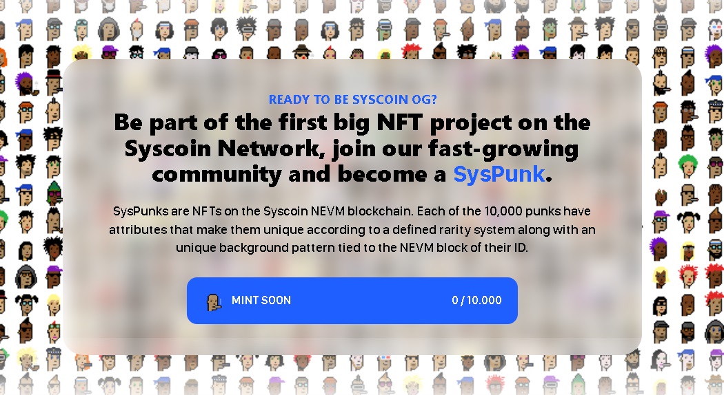 Hayess5178's tweet image. The #SysPunks #NFT Mint starts later today (July 13th) at 6pm UTC. Be part of @syscoin history and own one of the first official #NFTs on #Syscoin. You can get discount by holding $LUXY @Luxy_io token. $LUXY is on @PegasysDEX app.pegasys.finance

Site syspunks.org