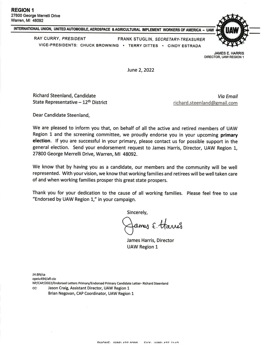 richsteenland's tweet photo. Proud to be endorsed by the UAW Region 1! As a former member of UAW Local 889, I know firsthand the importance of labor unions and the right to collective bargaining. I will always stand in solidarity with my brothers and sisters of labor! Thank you for continued support! https://t.co/BNLDgBTEvj
