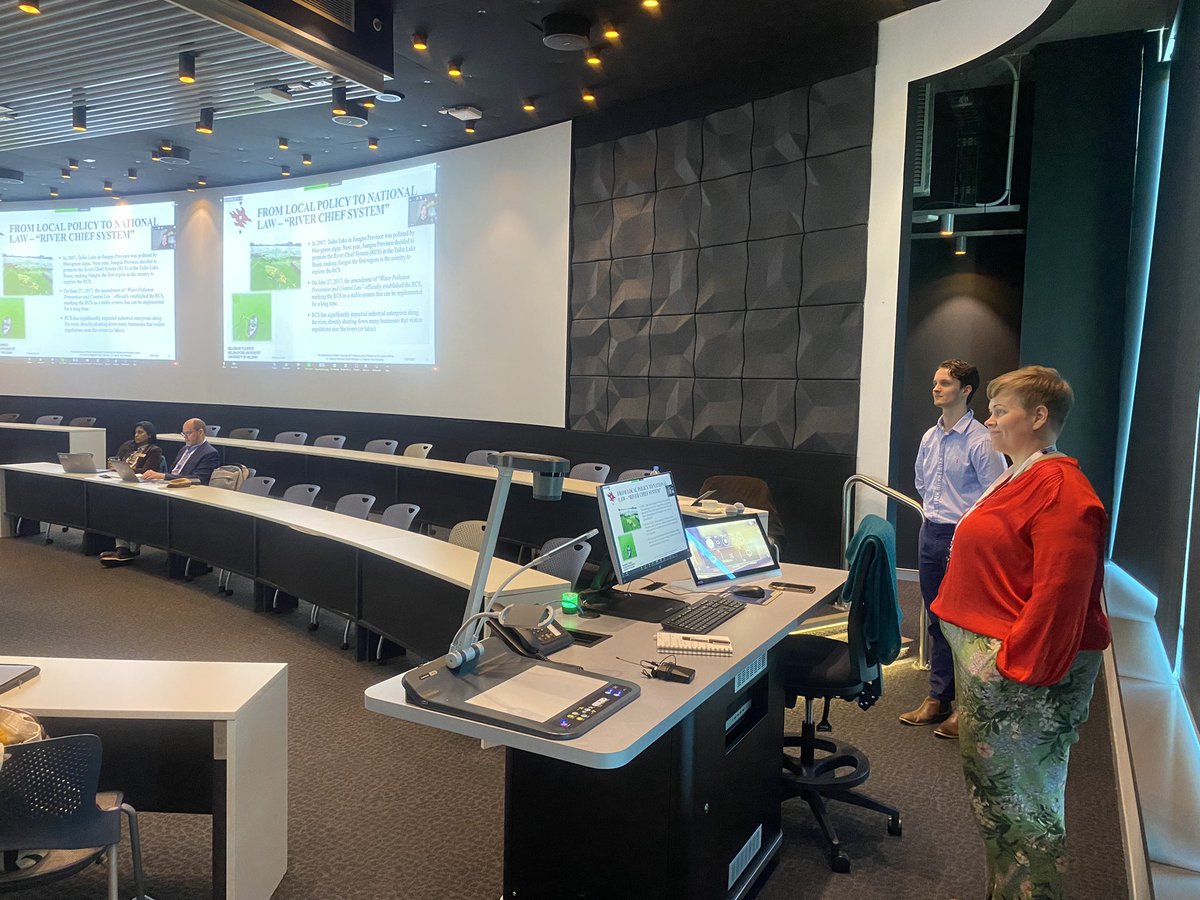 DrAmandaKennedy's tweet photo. A hybrid colloquium, with hybrid presentations to boot - @TPaloniitty from @helsinkiuni presenting here in Brisbane simultaneously with Li Yuan in Helsinki - a fascinating comparative analysis of China and EU efforts to tackle water pollution #iucnael22 https://t.co/G0t9xskSfU