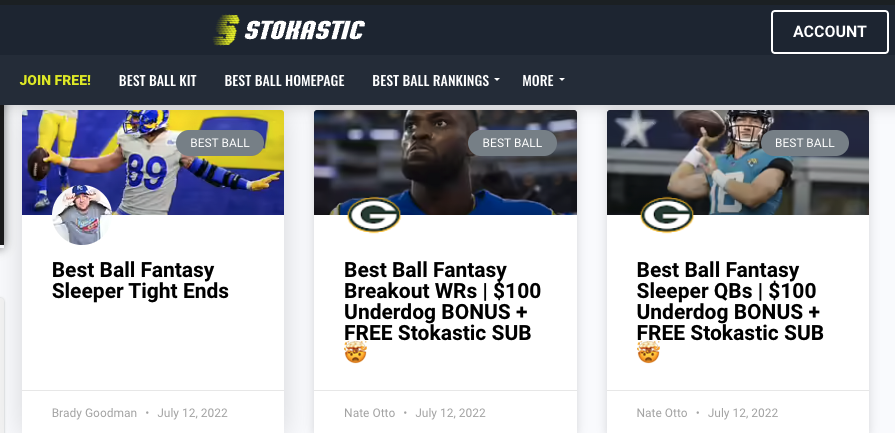 bradygoodman's tweet photo. Look who has an article on the front of the @stokastic best ball page...(spoiler alert, me). Talking TEs and @draftkings Best Ball. #wouldyalookatthat  https://t.co/boovCyA3EP https://t.co/i9Ntqvq4DN
