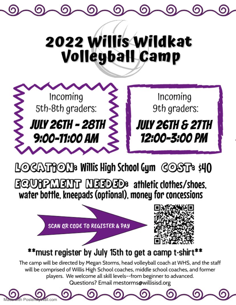 Just a reminder about Willis Volleyball Camp!!
Please register by this Friday, July 15th to make sure you get a t-shirt🏐🐾
<a href="/Willis_HS_TX/">Willis High School</a> <a href="/WISDAthletics/">WISD Athletics</a> <a href="/WISDBrabham/">Brabham Middle School</a> <a href="/LLMSLynx/">Lucas Middle School</a> <a href="/WISDMeador/">Meador Elementary</a> <a href="/WISDTurner/">Turner Elementary</a> <a href="/WISDLagway/">Lagway Elementary</a> <a href="/WISDCannan/">Cannan Elementary</a> <a href="/WISDHardy/">Hardy Elementary</a>