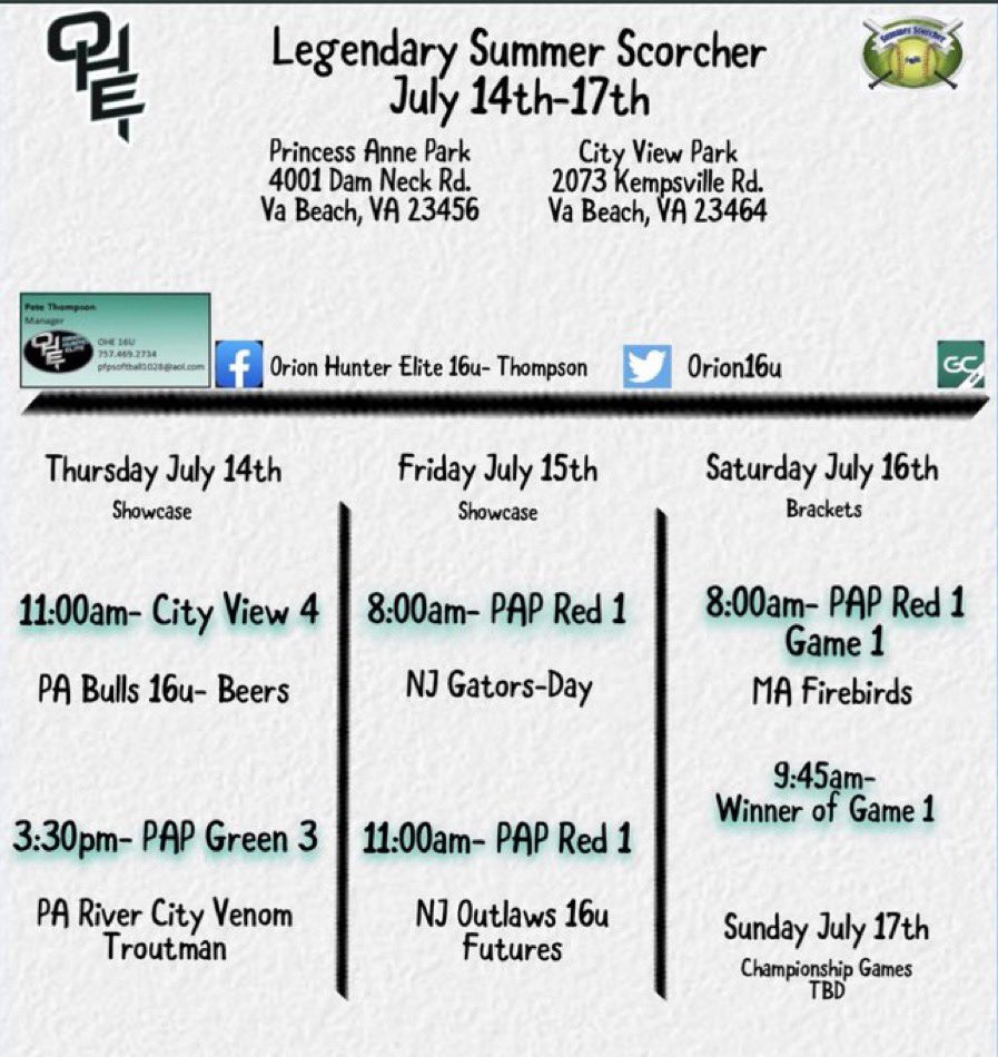 this weekends schedule! <a href="/CoastRecruits/">Coast 2 Coast Recruits</a> <a href="/UVASoftball/">Virginia Softball</a> <a href="/SUHornetsSB/">Shenandoah University Softball</a> <a href="/CoachKeithParr/">Keith Parr</a> <a href="/VWUSOFTBALL/">Va Wesleyan Softball</a> <a href="/softballferrum/">Ferrum Softball</a> <a href="/RadfordSoftball/">Radford Softball</a> <a href="/UncommittedUsa/">UncommittedPlayersUSA</a> @Orion16u