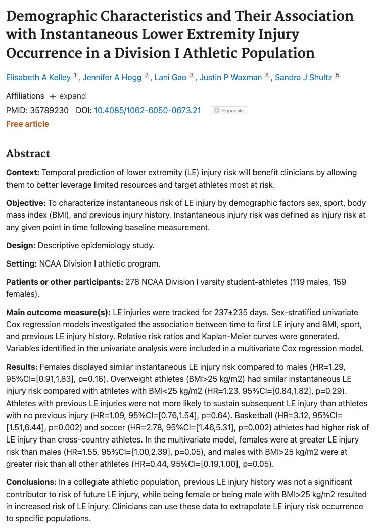 🔥 off the press: Demographic Characteristics &amp; Their Association w/ Instantaneous LE Injury Occurrence in a Division I Athletic Population

pubmed.ncbi.nlm.nih.gov/35789230/

Previous LE injury history not a sig contributor to risk of future LE injury, while BMI&gt;25 kg/m2 was ⬆️ risk.
