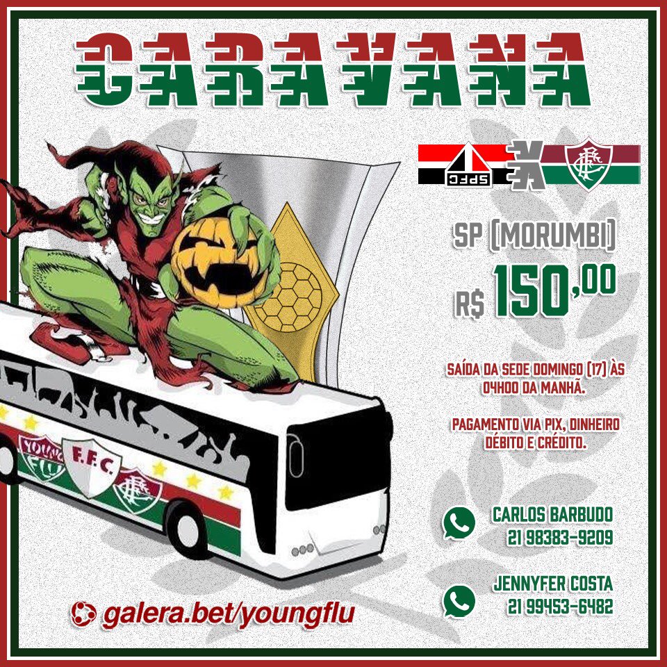 youngfluoficial's tweet photo. 🚌 PRÓXIMA PARADA: MORUMBI 

Está aberta a caravana para o confronto contra o São Paulo pelo Brasileirão. As informações estão na arte. 

⚠️ TODOS OS TRICOLORES SÃO BEM-VINDOS! 

📲 ORGANIZADORES:

(21) 98383-9209 - Carlos Barbudo 
(21) 99453-6482 - Jennyffer https://t.co/qi9uMQNX3U