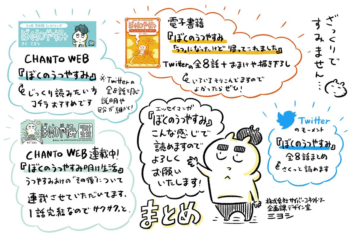 miyoshi_cc2's tweet image. 『ぼくのうつやすみ』についてまとめてみました
#エッセイ漫画 #漫画 #うつ病 #うつ病マンガ #体験記
〇Twitter全8話まとめ
〇CHANTO WEBさんでのまとめ連載
chanto.jp.net/list/comic/bok…
〇電子書籍
cc2.co.jp/cc2news/?p=184…
〇うつあけ後の漫画連載
chanto.jp.net/list/comic/bok…