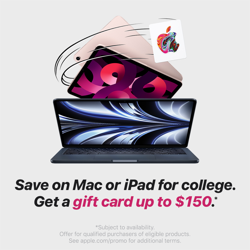 Apple's tweet photo. Save on Mac or iPad with an education discount. Plus get a gift card up to $150.