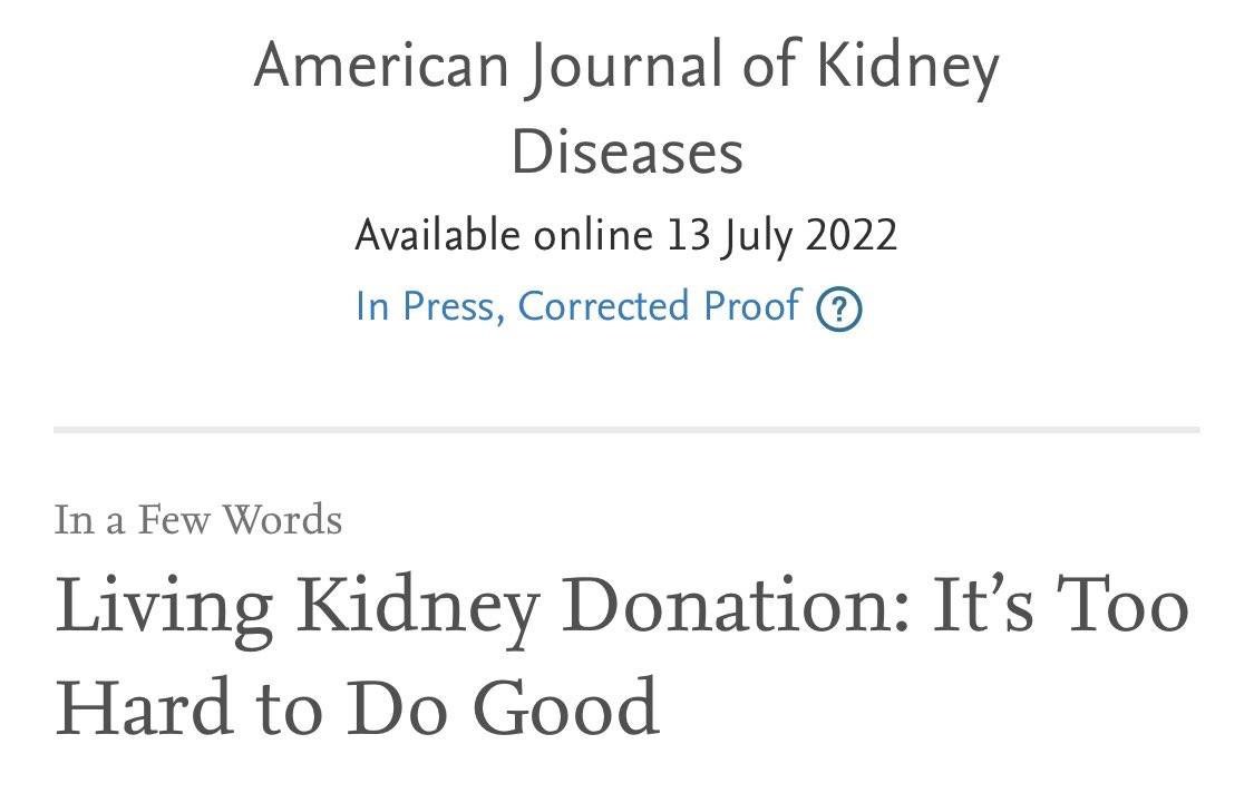 A piece to reflect on: #living #kidney #donation: it’s too hard to do good by <a href="/mgershun/">Martha Gershun</a> tinyurl.com/yys3y2me <a href="/AJKDonline/">AJKD</a> Can we further remove barriers? <a href="/Giveakidney/">Give a Kidney</a> <a href="/DrMaceyLevan/">Dr. Macey Levan</a> @BurnappLisa <a href="/living_donor/">Sue G</a> <a href="/Lucreziafurian/">Lucrezia furian</a> <a href="/ESOTtransplant/">ESOTtransplant</a> <a href="/TransplantMaple/">Hannah Maple</a> @NizamMamode