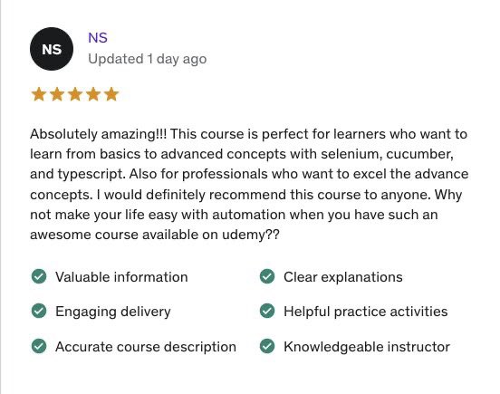 TestingTalks's tweet photo. Check out this lovely #feedback!

50% off discount for our amazing followers:

Cucumber #Playwright TypeScript Automaton Framework: https://t.co/VVaIBGBgMl

Cucumber #Selenium TypeScript Automation Framework:
https://t.co/iOfR6grHxs

#TestingTalksHub https://t.co/bHb1tkNJGN