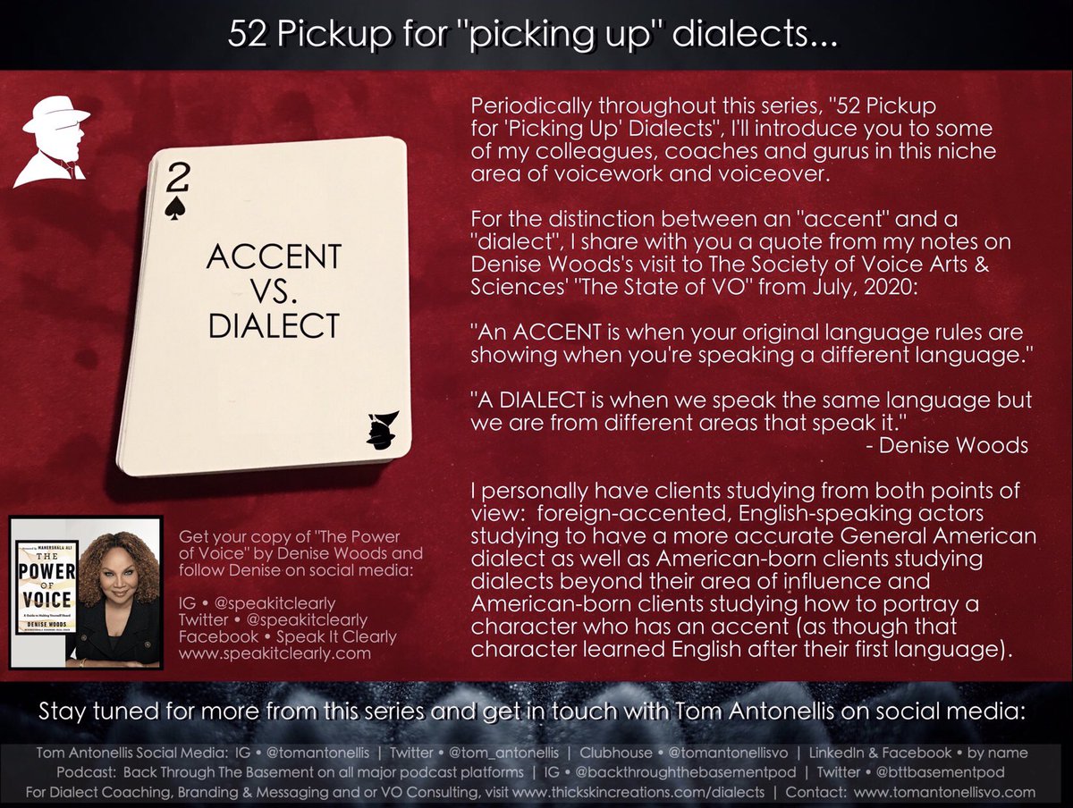 52 Pickup for 'picking up' dialects -  2/52 - @tom_antonellis 

Periodically in this series I’ll introduce you to some of my #coaches & #gurus in this niche area of voicework & #voiceover.

For the distinction b/t #accent & #dialect , I quote #denisewoods @speakitclearly