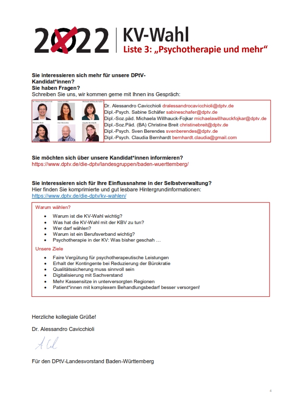 In den nächsten Tagen sollte jedes psychotherapeutische KV-BW Mitglied unseren Wahlflyer in der Post vorfinden. Wer jetzt schon interessiert ist findet den Flyer auch auf unserer DPtV Landesseite:  dptv.de/die-dptv/lande…