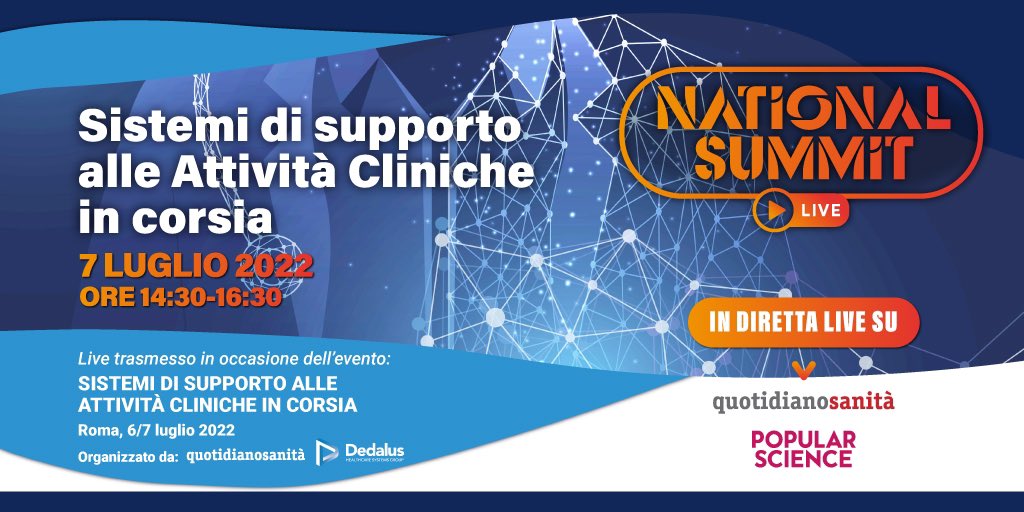 PopSci_italia's tweet photo. 📌NATIONAL SUMMIT - Sistemi di supporto alle Attività Cliniche in corsia
⏱giovedì 14 luglio dalle ore 14.30
🗓Aggiungi al calendario e SEGUI LA DIRETTA 👉🏻 https://t.co/EcMnRntIb1
@DedalusSpa #NationalSummit #liveSICS #popscitalia #qsanit #DedalusGroup https://t.co/povFqBshbH