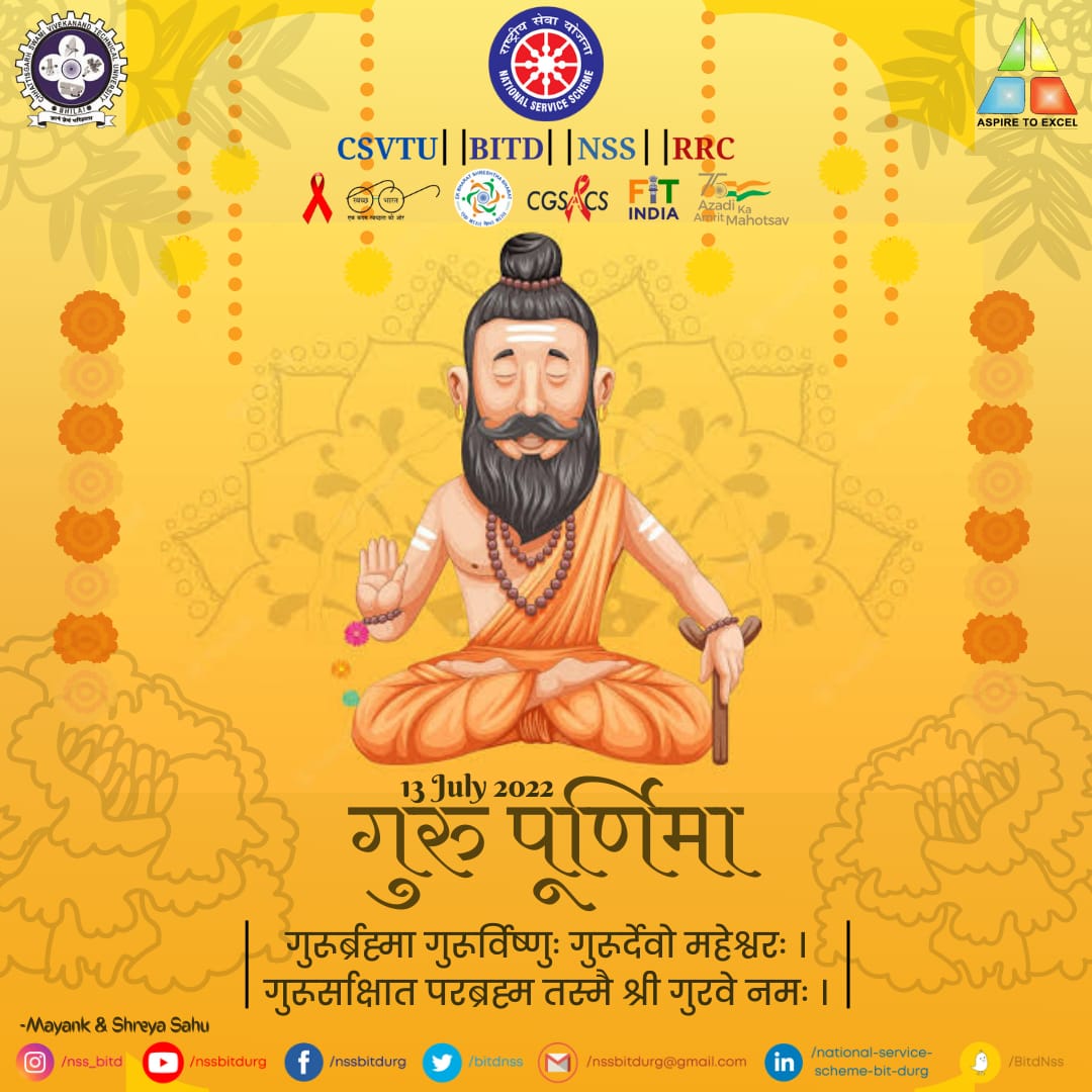BitdNss's tweet photo. गुरु पूर्णिमा ✨प्रतिवर्ष आषाढ़ मास की पूर्णिमा के दिन मनाई जाती है। हिंदू रीति-रिवाजों के अनुसार, यह दिन 😇आध्यात्मिक गुरुओं या शिक्षकों को हमारा मार्गदर्शन करने के लिए सम्मानित करने के लिए मनाया जाता है। 🙇🙇‍♀
#BuddhaPurnima
#nssbitd https://t.co/NHW4dbv6eo