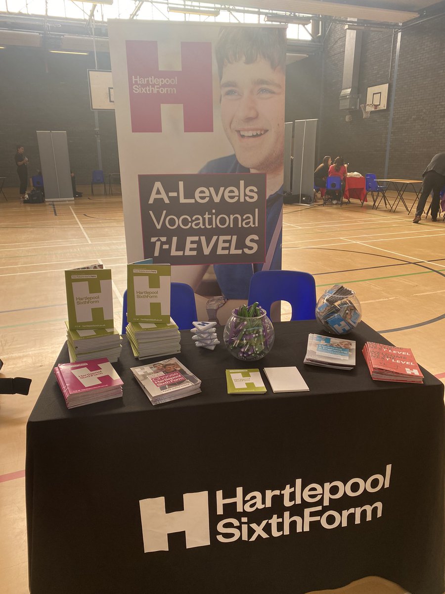 Early set up @DykeHouse today ready to meet pupils from all year groups to showcase what exciting opportunities we have to offer @hartlepoolsixth. #alevels #tlevels #vocationallearning