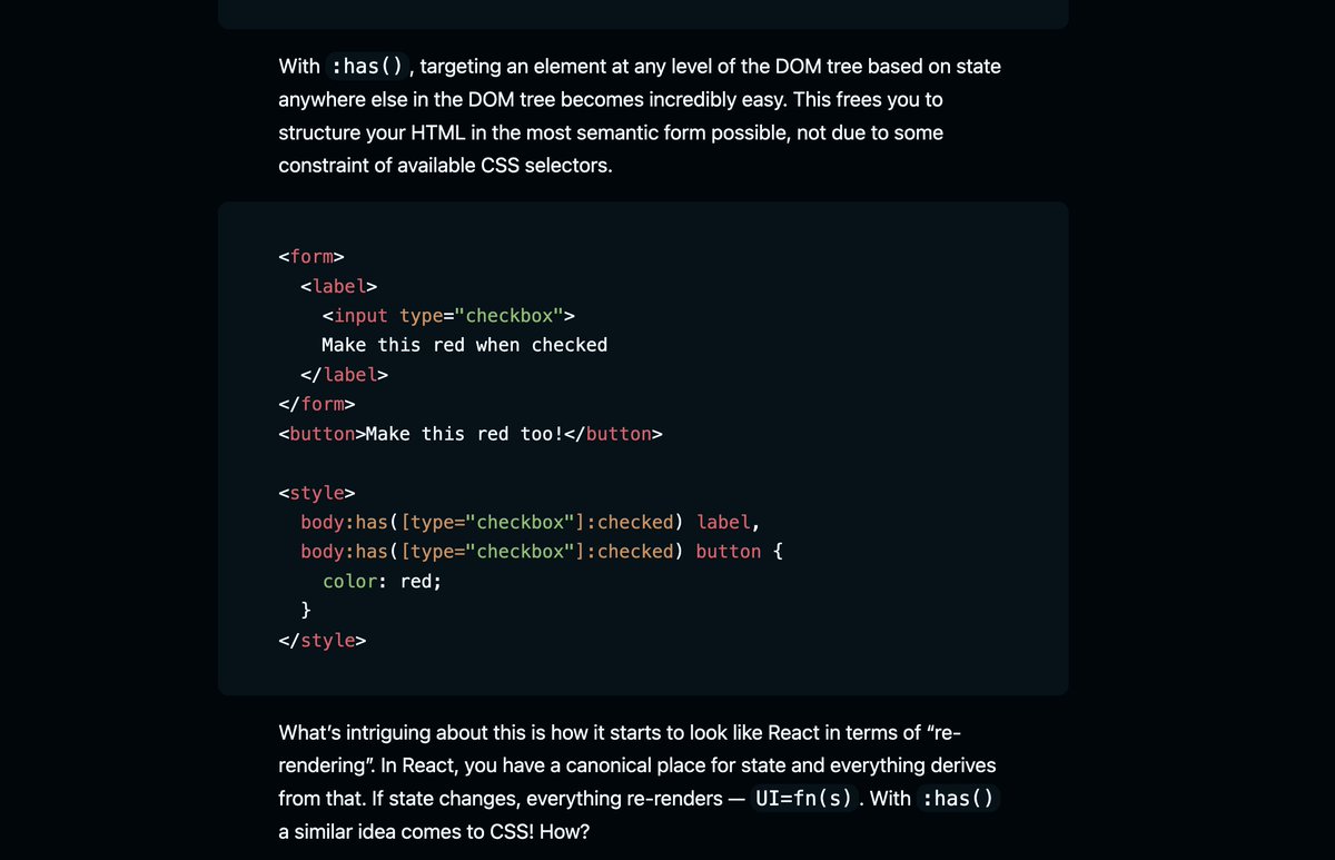 sebastienlorber's tweet image. 🧵 The Unlocked Possibilities of the :has() Selector

@jimniels demonstrating new possibilities using the new :has() CSS selector

Makes interesting comparison with React rendering

blog.jim-nielsen.com/2022/unlocked-…